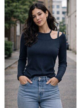 LNA Ribbed Black-D.Grey Top Small Cold Shoulder Long Sleeves Stretch Minimalist